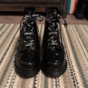 DKNY Black Patent Logo Lace-Up Combat Boots